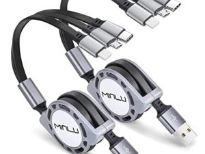 Minlu Multi Charging Cable 3A 2Pack 4ft 3 in 1 Retractable USB Cable Fast Charger Cord with IP/Type C/Micro USB Port for Phone 13 12 11 Xs Xr X 8 7 6 5/Tablets/Samsung Galaxy/Huawei/Sony/LG/HTC/Ps4 5