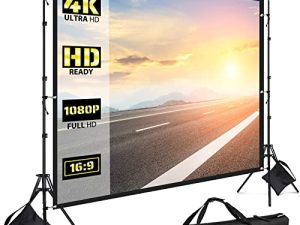 PHOPIK Projector Screen with Stand: 120 inch Portable Indoor Outdoor Projector Screen Fordable & Wrinkle-Free Outdoor Movie Screen with Carry Bag for Home Theater Camping and Recreational Events